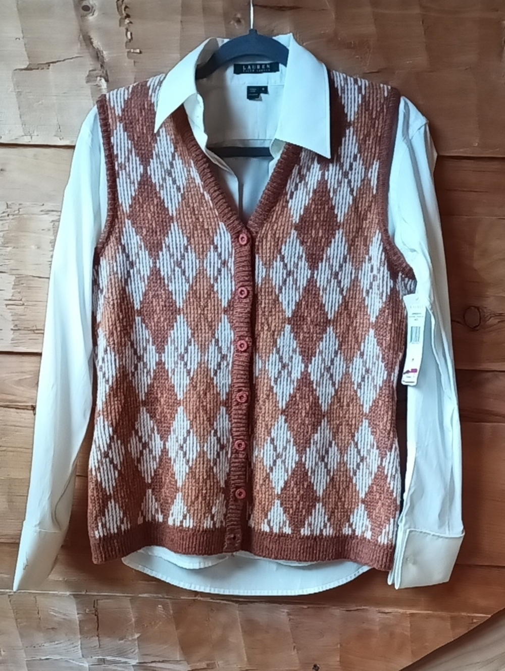 Vintage Rust and Cream Argyle Button-Front Sweater Vest - Picture 6 of 9